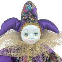 Vintage Porcelain Jester Doll Shelf Sitter, Purple Harlequin Figurine, Collectible Pierrot Clown Decor, Whimsical Mantel Display
