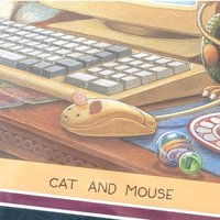Vintage Randal Spangler Cat and Mouse Print, Framed Whimsical Fantasy Art, 90s Computer Cat Illustration, Geeky Home Office Decor