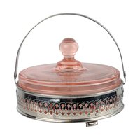 Vintage Pink Glass Relish Dish: Condiment Server with Chrome Caddy