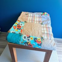 Vintage Patchwork Tied Quilt: Handmade 1970s Boho Floral Bedding