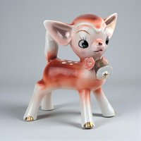 Vintage Japan Ceramic Deer Figurine: Mid-Century Kitsch Fawn with Bell