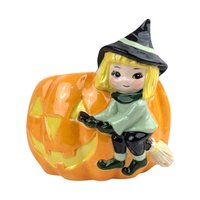 Vintage Ceramic Witch Planter: Blonde Witch on Pumpkin Jack-o'-Lantern