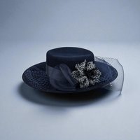 Vintage Bollman Americana Navy Blue Wool Felt Hat, Ladies Wide Brim Boater with Mesh Surround, Formal Wedding Guest Hat, Classic Dress Hat