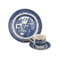Vintage Churchill Blue Willow 3-Piece Place Setting, Classic Blue and White Chinoiserie Dinner Plate Cup and Saucer, Made in England