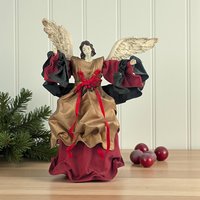 Vintage Angel Tree Topper: 14.5" Red and Gold Christmas Tree Angel, Holiday Mantle Decor
