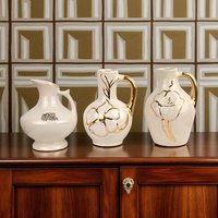 Vintage Cream Ceramic Bud Vase Trio: MCM Pitcher Vases with Gold Trim & Flowers