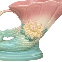 Vintage Hull Pottery Cornucopia Vase: Pink & Turquoise Waterlily, 1940s Art Deco