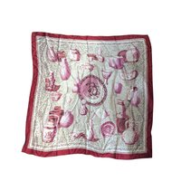 Large Vintage Silk Scarf with Asian Pottery Print, Chinoiserie Dragon Motif Square Scarf in Red and Pink, 42 Inch Womens Head Scarf Shawl