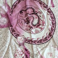 Large Vintage Silk Scarf with Asian Pottery Print, Chinoiserie Dragon Motif Square Scarf in Red and Pink, 42 Inch Womens Head Scarf Shawl