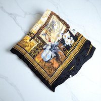Large Huali Vintage Silk Scarf, Chinoiserie Still Life Print Shawl with Blue White Porcelain, Asian Black and Gold Square Scarf Art