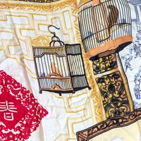 Large Huali Vintage Silk Scarf, Chinoiserie Still Life Print Shawl with Blue White Porcelain, Asian Black and Gold Square Scarf Art