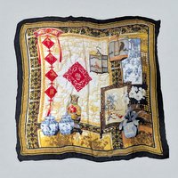 Large Huali Vintage Silk Scarf, Chinoiserie Still Life Print Shawl with Blue White Porcelain, Asian Black and Gold Square Scarf Art