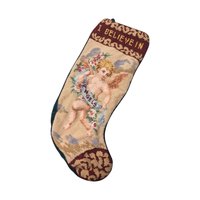 Vintage Needlepoint Christmas Stocking: "I Believe in Angels" Cherub
