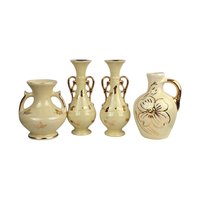 Set of 4 Vintage Yellow Vases: Art Deco & MCM Ceramic Decor with Gold Accents