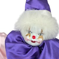 Vintage Porcelain Clown Doll: Satin Shelf Sitter Figure