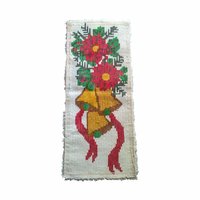 Vintage Christmas Latch Hook Rug: Handmade Poinsettia and Bells Wall Hanging