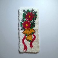 Vintage Christmas Latch Hook Rug: Handmade Poinsettia and Bells Wall Hanging