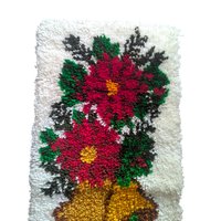 Vintage Christmas Latch Hook Rug: Handmade Poinsettia and Bells Wall Hanging