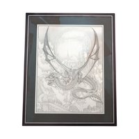 Vintage Dragon Art Print: Signed Dan Thompson Fantasy Castle Scene, Framed
