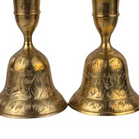 Vintage Brass Bell Candle Holders: Etched Floral Design, 4" Tall