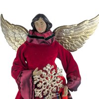 Vintage Black Angel Tree Topper: African American Figure in Red Velvet & Plaid Gown