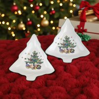 Vintage Nikko 'Happy Holidays' Christmas Tree Dishes: Set of 2, Ceramic Candy Trinket Plates