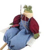 Vintage Fishing Frog Shelf Sitter: Country Folk Art Doll for Cabin Decor