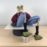 Vintage Fishing Frog Shelf Sitter: Country Folk Art Doll for Cabin Decor