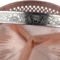 Vintage Pink Glass Relish Dish: Condiment Server with Chrome Caddy