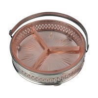 Vintage Pink Glass Relish Dish: Condiment Server with Chrome Caddy