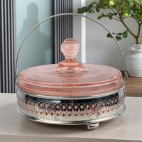 Vintage Pink Glass Relish Dish: Condiment Server with Chrome Caddy