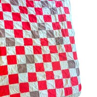Vintage Checkerboard Quilt: Handmade Patchwork Tied Throw Blanket