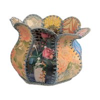 Vintage Stitched Card Vase: Laced Greeting Card Folk Art Decor