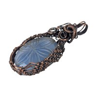 Copper Wire Wrapped Carved Blue Onyx Pendant: Handmade Floral Jewelry