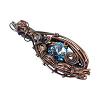 Handmade Copper Wire Wrapped Pendant: Blue Rivoli Crystal Statement Jewelry