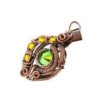 Handmade Copper Wire Pendant: Green Crystal and Yellow Accent Jewelry