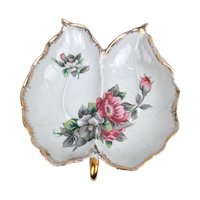 Vintage 1950s Ucago China Leaf Dish: Floral Ceramic Dresser Tray with Gold Trim