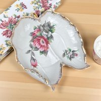 Vintage 1950s Ucago China Leaf Dish: Floral Ceramic Dresser Tray with Gold Trim