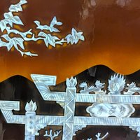 Vintage Vietnamese Mother of Pearl Panel: Torii Gate Lacquerware Wall Art