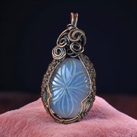 Copper Wire Wrapped Carved Blue Onyx Pendant: Handmade Floral Jewelry