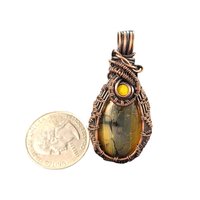 Dragon's Vein Agate Pendant: Copper Wire Wrapped Jewelry with Yellow Glass Accent