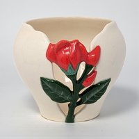 Vintage Alaskan Rose Planter: Ceramic Pot with Red Rose Relief