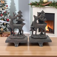 Cast Iron Reindeer Stocking Holders: Vintage Christmas Mantel Pair