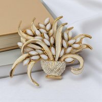 Vintage ART Flower Basket Brooch: White Enamel Gold Tone Pin
