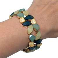 Vintage Multi Green Panel Bracelet: Gold Tone Stretch Jewelry