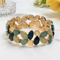 Vintage Multi Green Panel Bracelet: Gold Tone Stretch Jewelry