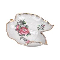 Vintage 1950s Ucago China Leaf Dish: Floral Ceramic Dresser Tray with Gold Trim