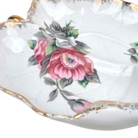 Vintage 1950s Ucago China Leaf Dish: Floral Ceramic Dresser Tray with Gold Trim
