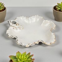 Vintage 1987 Ceramic Leaf Dish: Cream and Gold Gilt Trinket Tray, Hollywood Regency Candy Dish