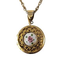 Vintage Pink Rose Locket Necklace: Gold Tone Ornate Floral Jewelry